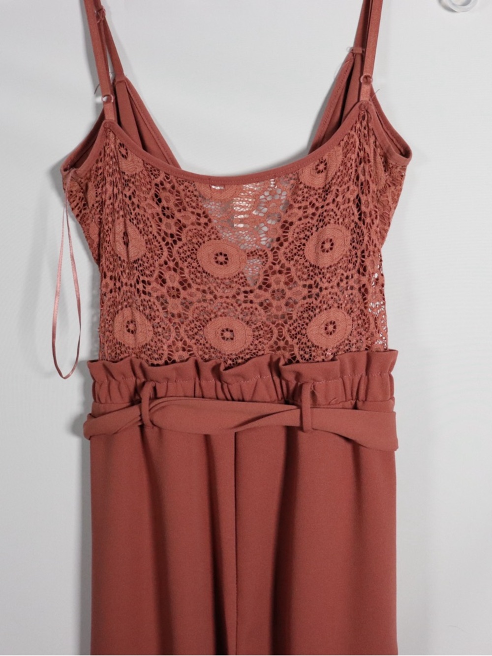 ReVamped Rust Lace Jumpsuit Women’s Small Wide Leg Belted Romper - Picture 9 of 9